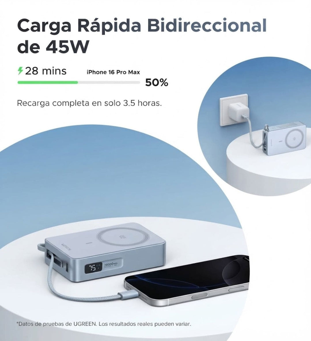 Power Bank inalámbrica UGREEN MagFlow de 20000 mAh Qi2 de 25W con cable integrado