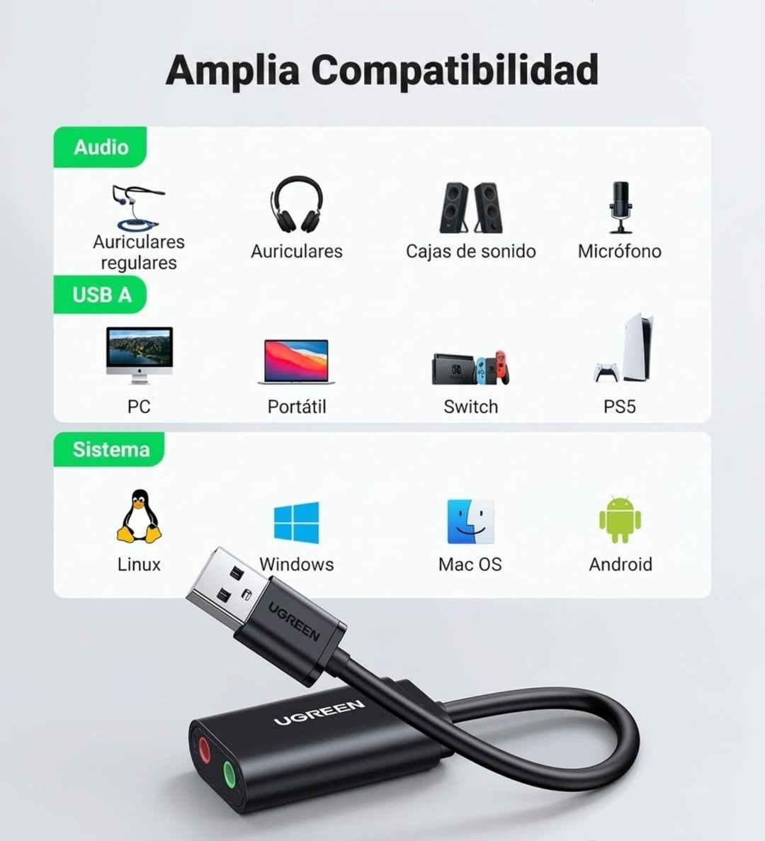 Adaptador de sonido externo USB 2.0 UGREEN