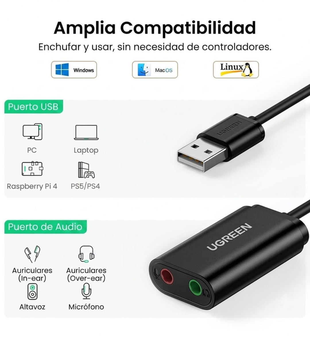 Adaptador de sonido externo USB 2.0 UGREEN