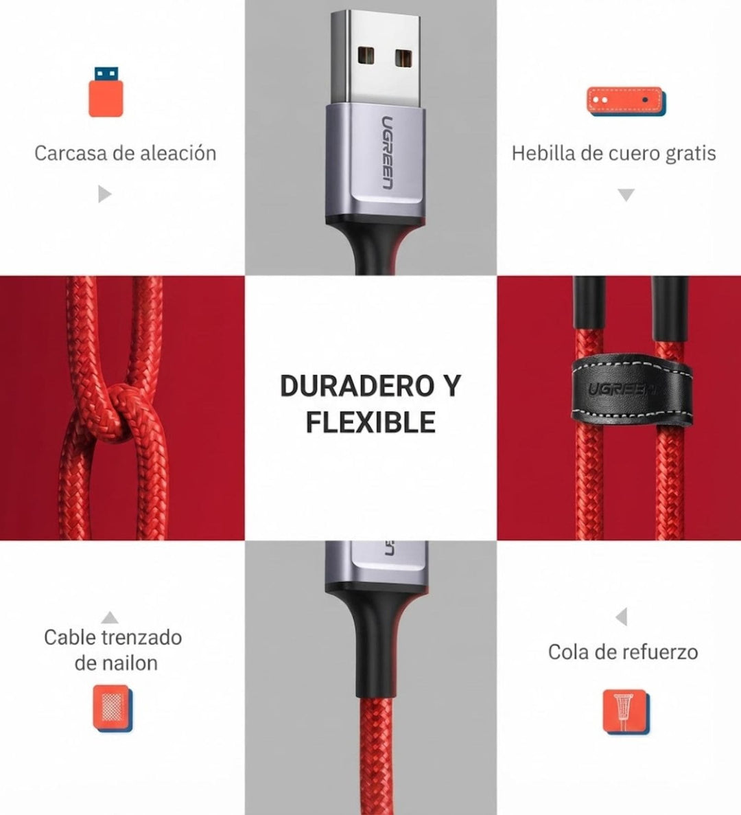 Cable USB-A a USB-C Ugreen 6A 66W 1m Trenzado Rojo