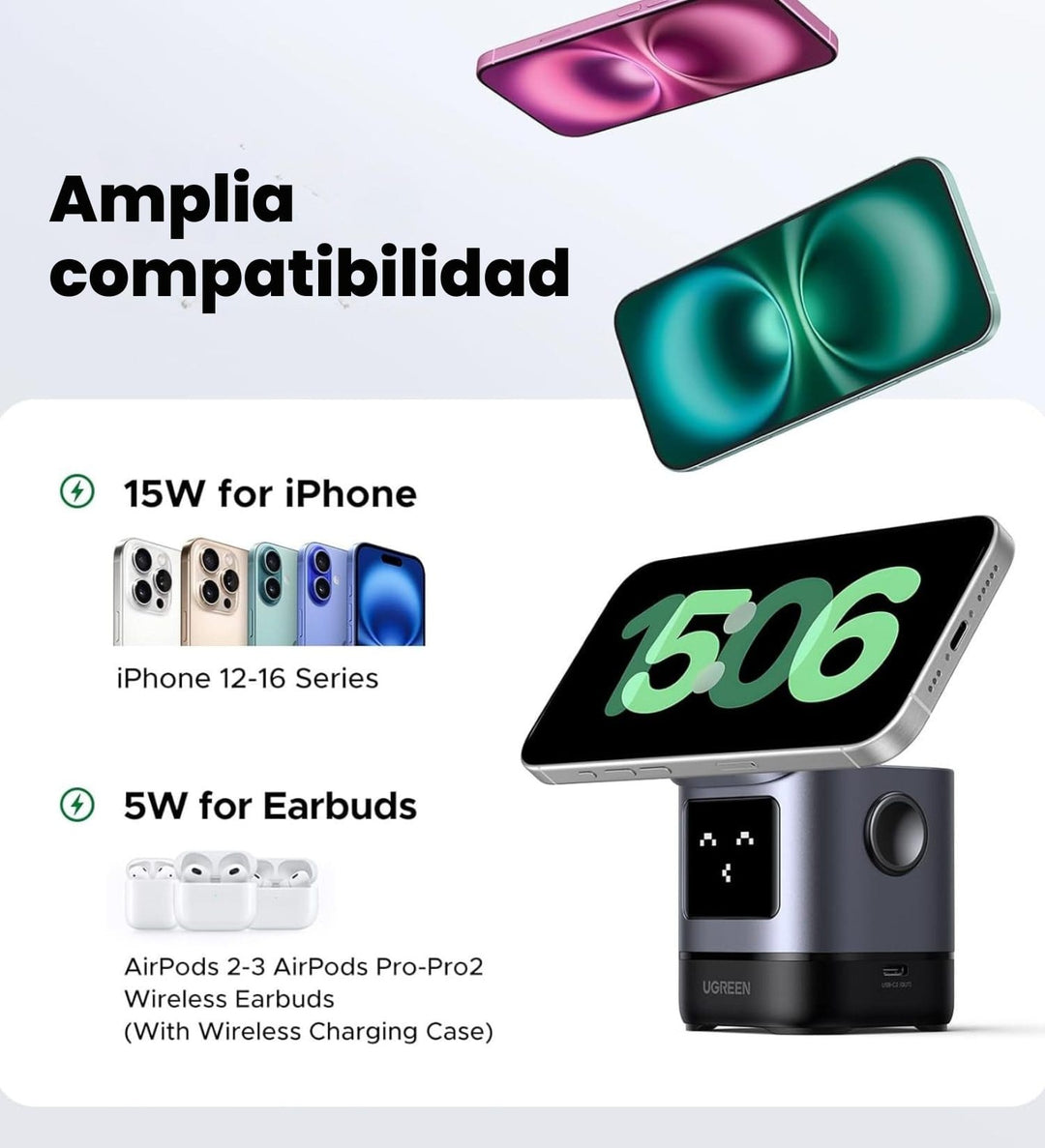 Cargador Inalámbrico Robot Magnético UGREEN Uno Qi2 2 en 1