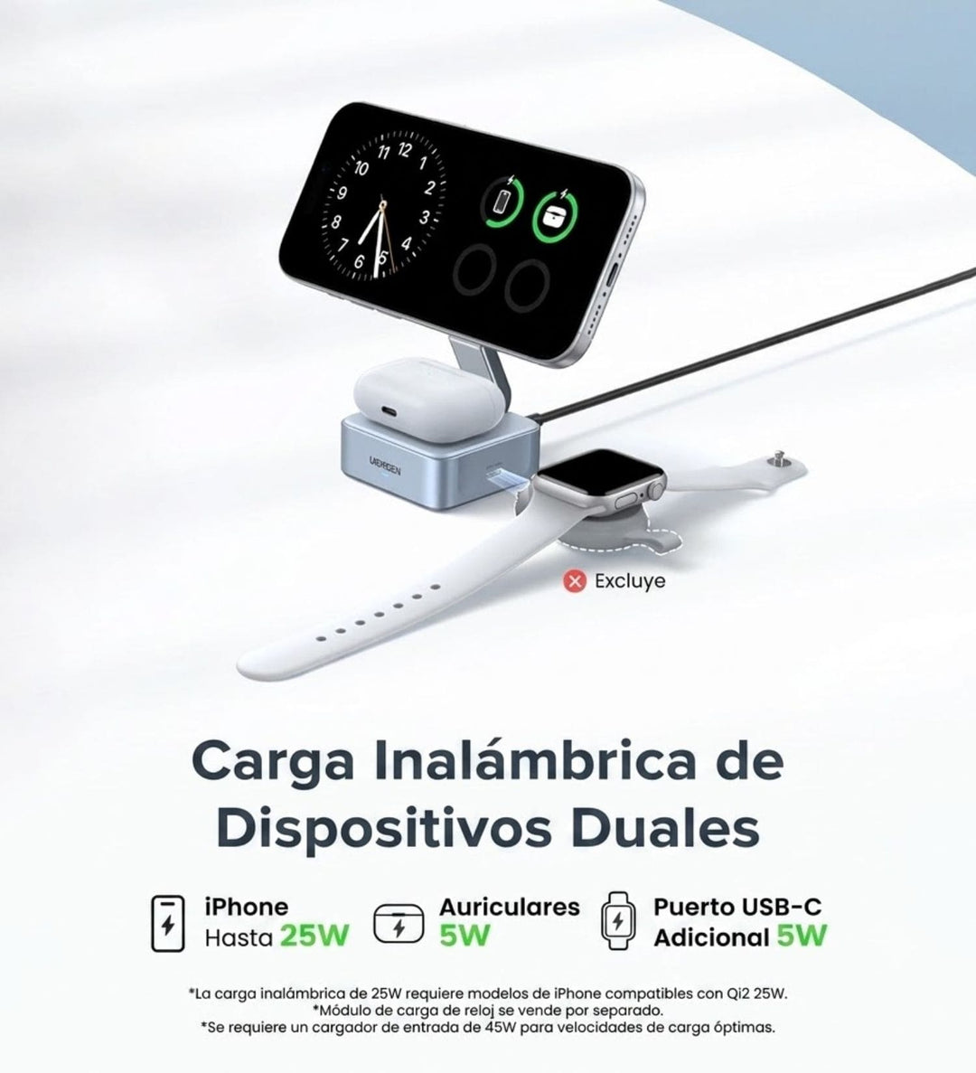 Cargador inalámbrico magnético 2 en 1 UGREEN MagFlow Qi2 25W