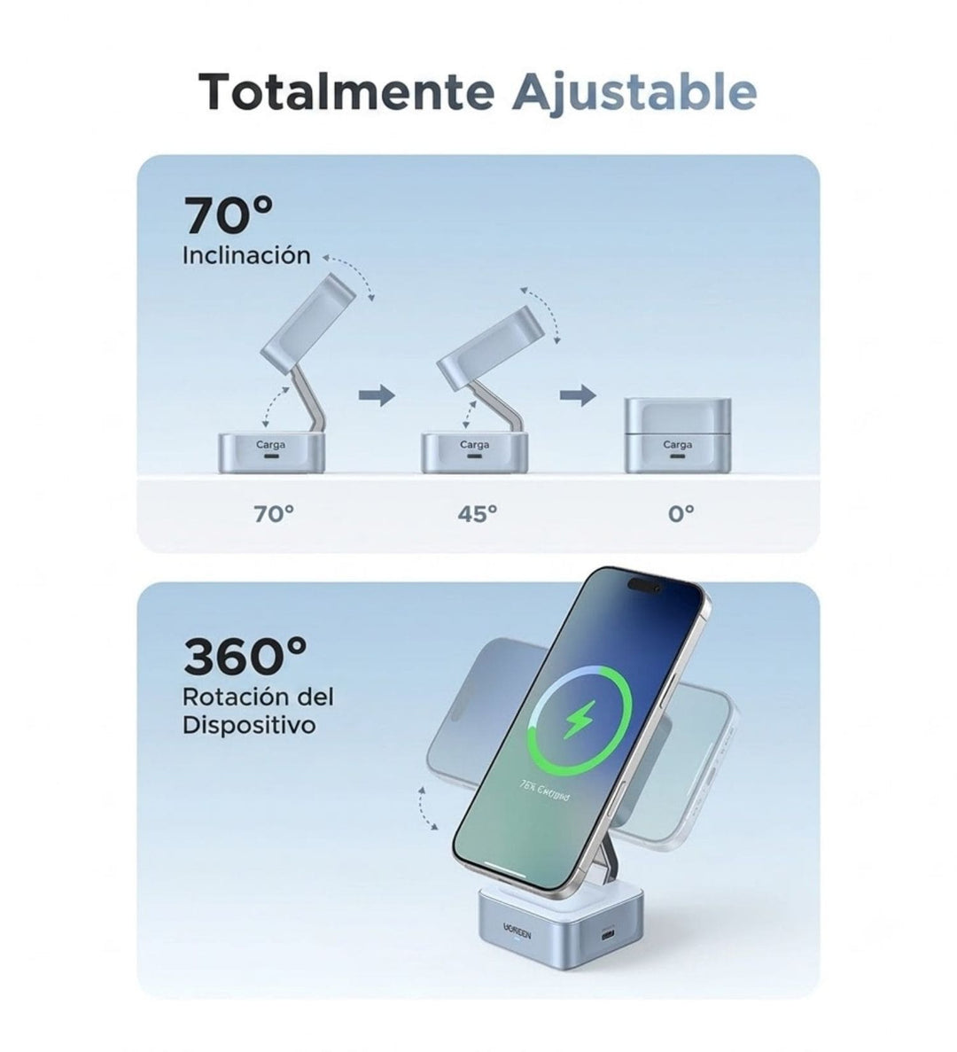Cargador inalámbrico magnético 2 en 1 UGREEN MagFlow Qi2 25W
