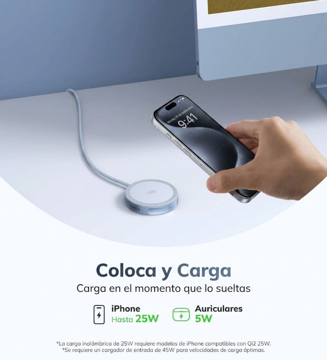 Cargador inalámbrico magnético UGREEN MagFlow Qi2.2 de 25 W