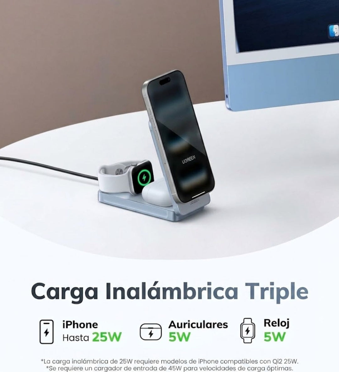 Cargador inalámbrico magnético UGREEN 3 en 1 Qi2 MagFlow 25 W