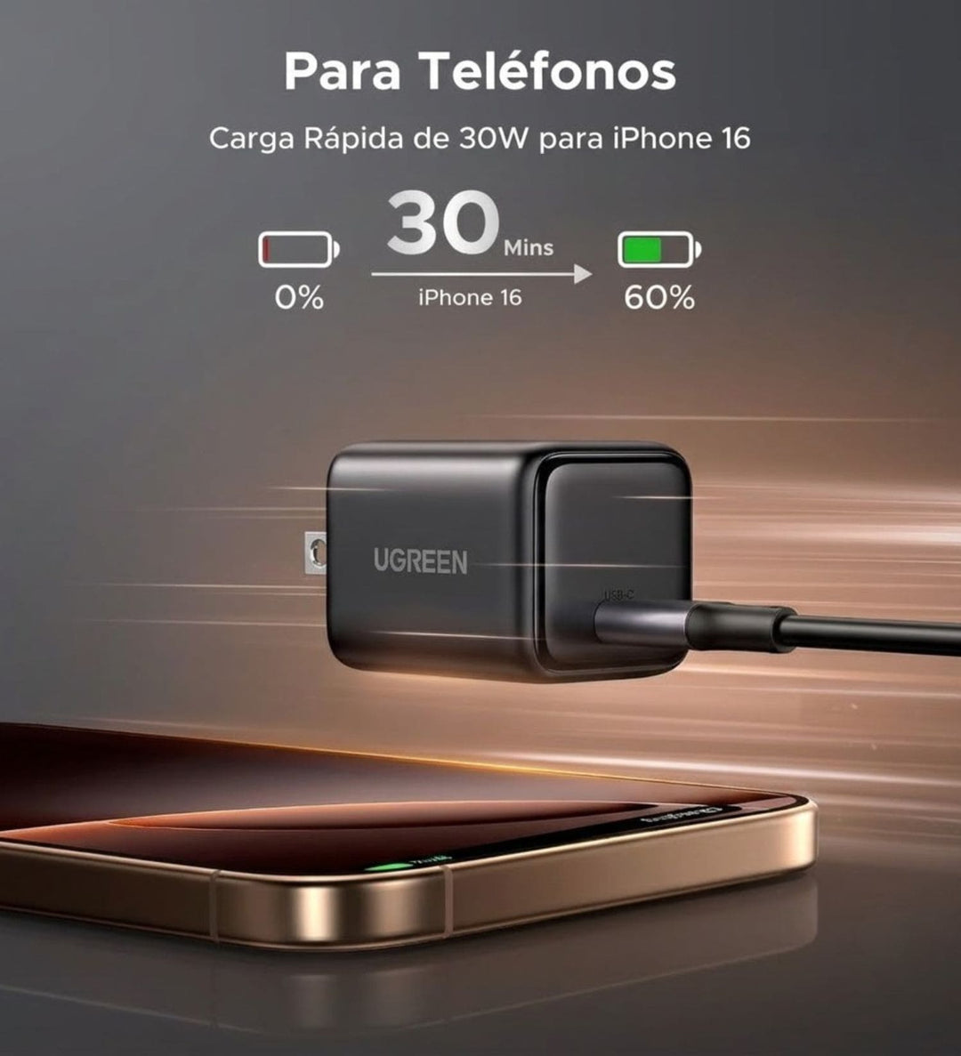Cargador rápido GaN UGREEN de 30 W con puerto USB-C