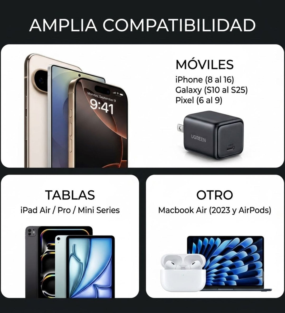 Cargador rápido GaN UGREEN de 30 W con puerto USB-C