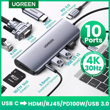 HUB Ugreen 10 en 1 HDMI 4K RJ45 USB 3.0 Lector SD/TF