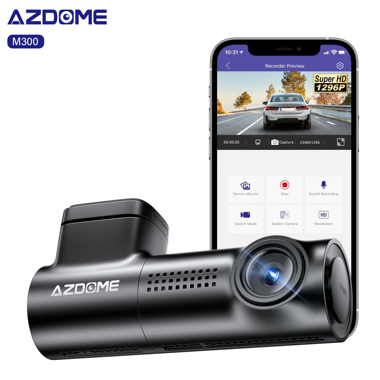 Dash Cam AZDOME M330 | 1296P con Control de Voz, WiFi y Grabación en Bucle