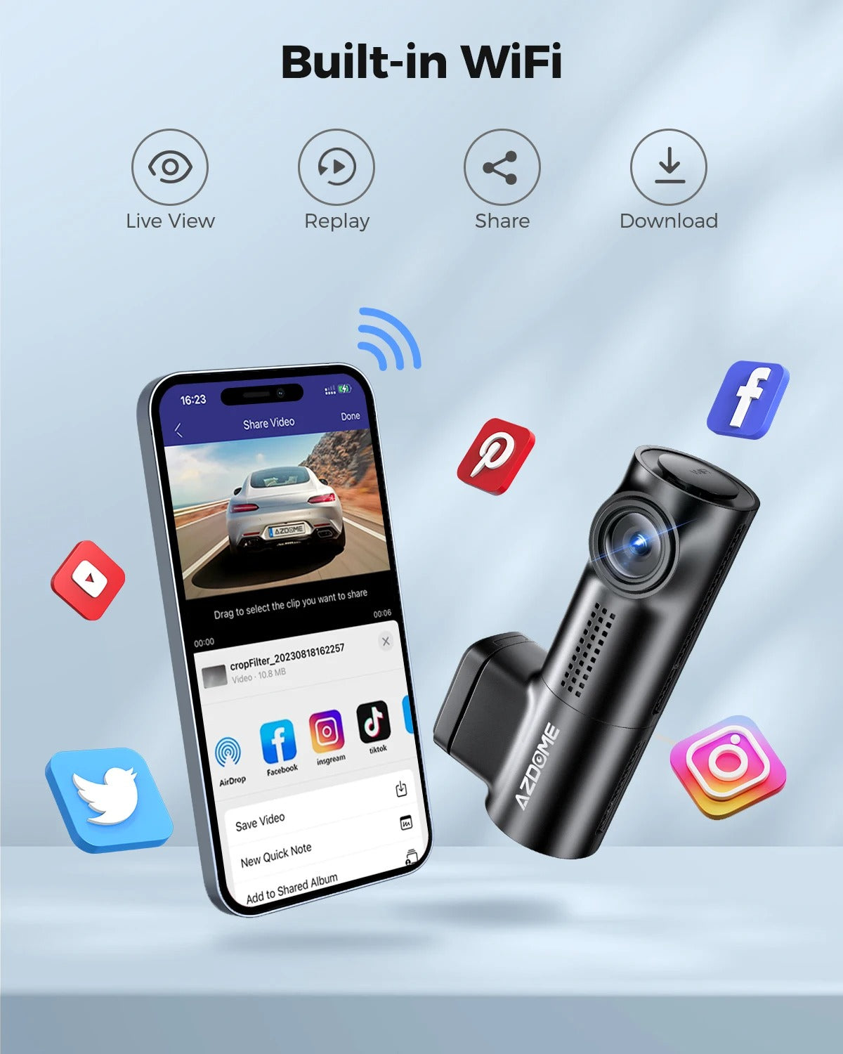 Dash Cam AZDOME M330 | 1296P con Control de Voz, WiFi y Grabación en Bucle
