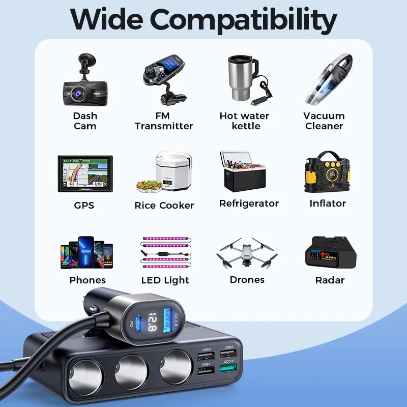 Adaptado Joyroom 154W | Divisor de Encendedor con 9 Puertos, Carga Rápida PD 3.0