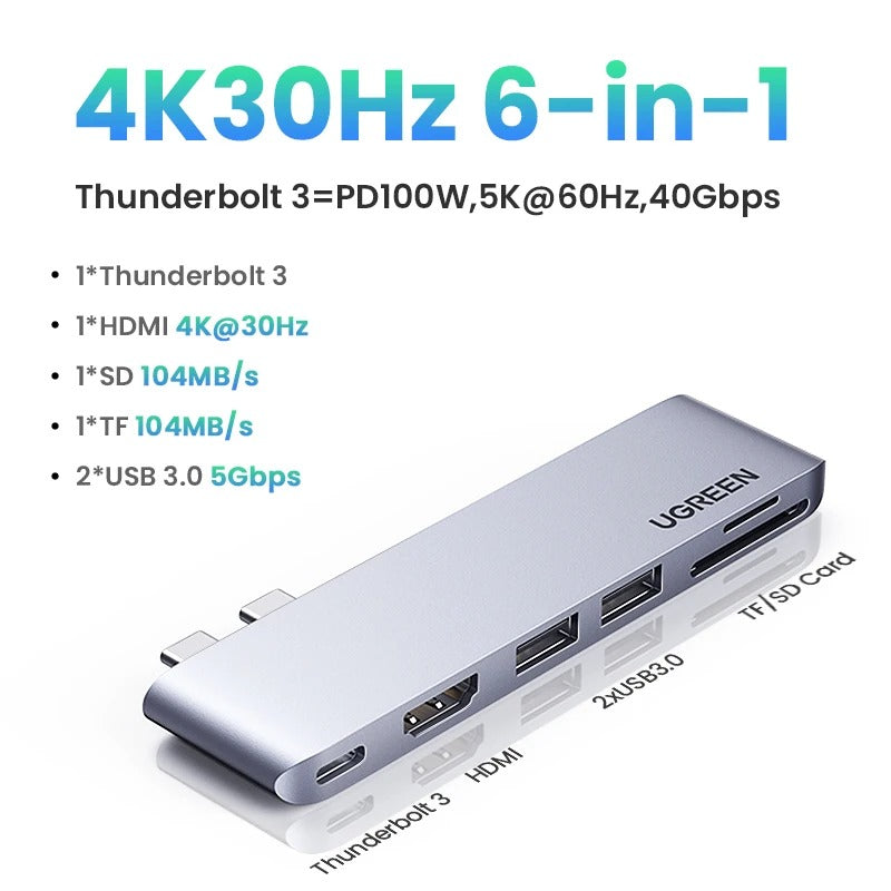 UGREEN USB-C HUB 6 en 2 tipo C a 4K HDMI Thunderbolt 3 USB3.0 para MacBook Pro Air