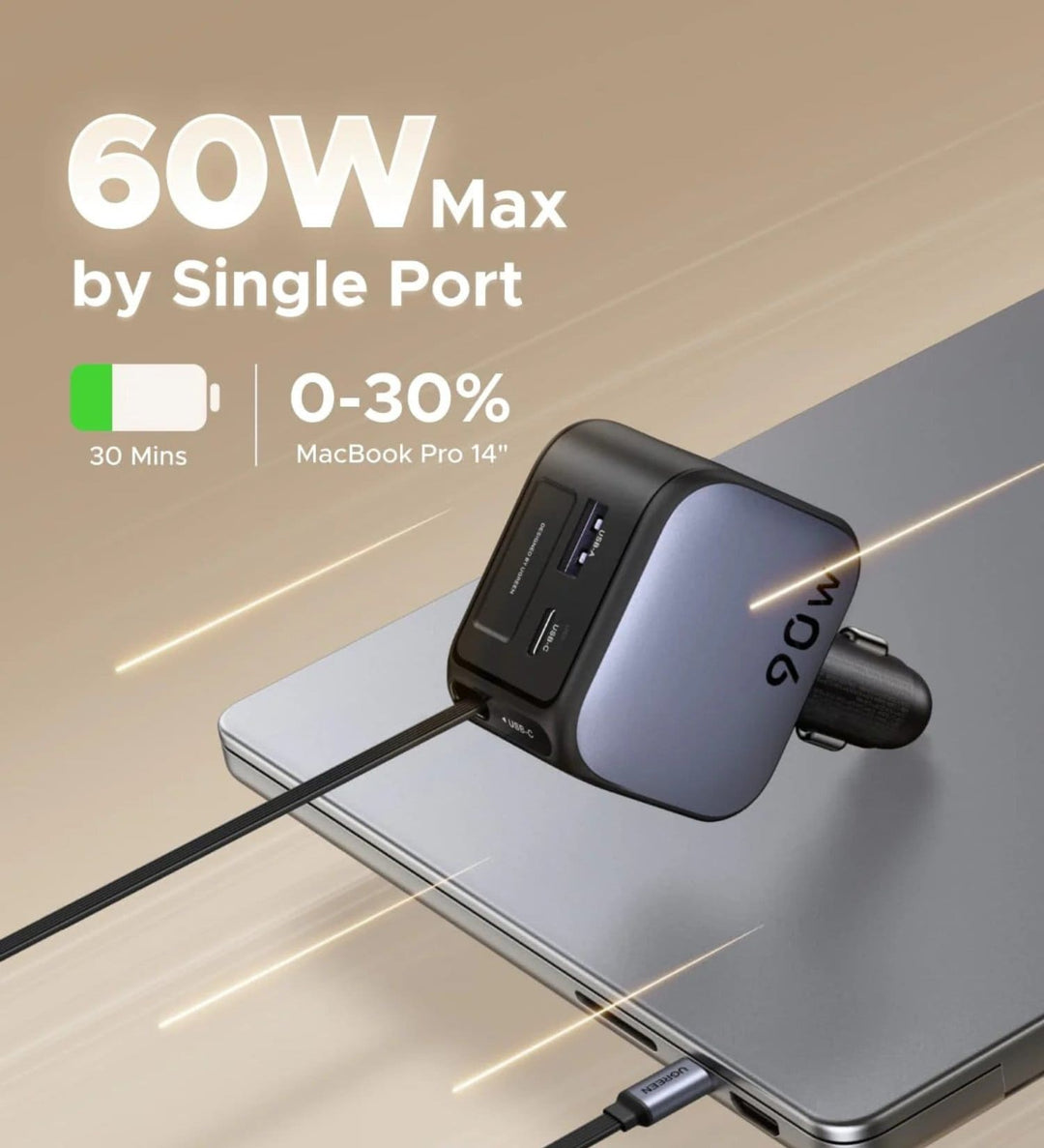 Cargador de Auto UGREEN 90W con Cable Retráctil USB-C