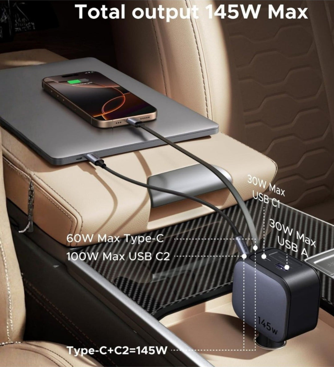 Cargador de Auto UGREEN 145W con Cable Retráctil USB-C