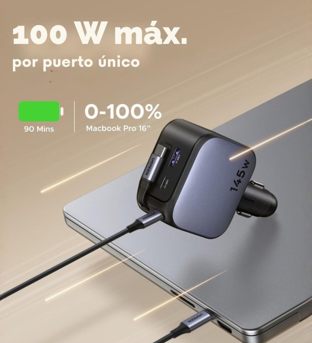 Cargador de Auto UGREEN 145W con Cable Retráctil USB-C