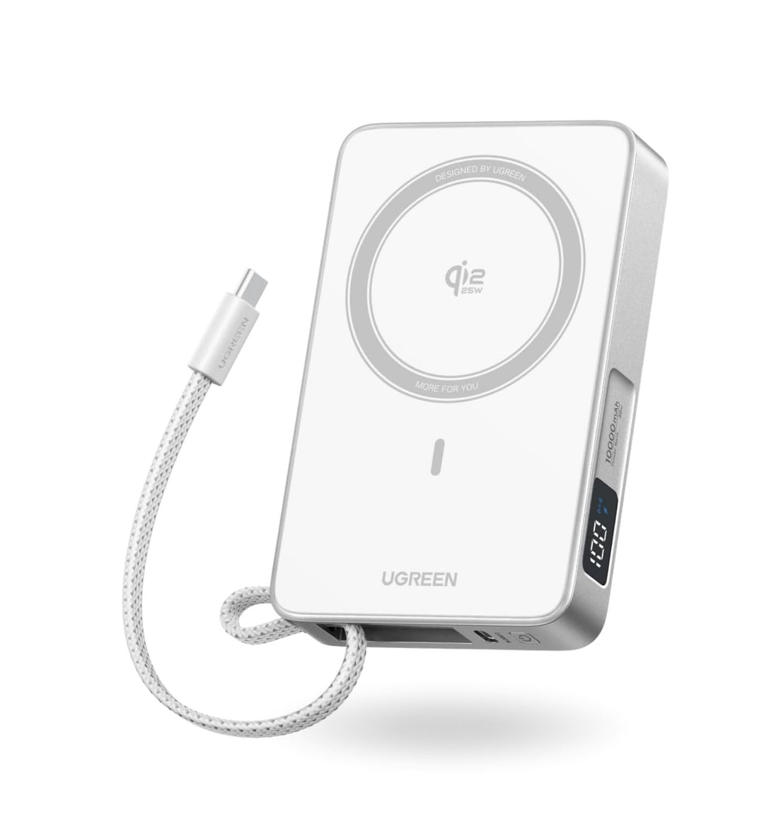 Power Bank inalámbrica UGREEN MagFlow de 10000 mAh Qi2 de 25W con cable integrado - Blanco
