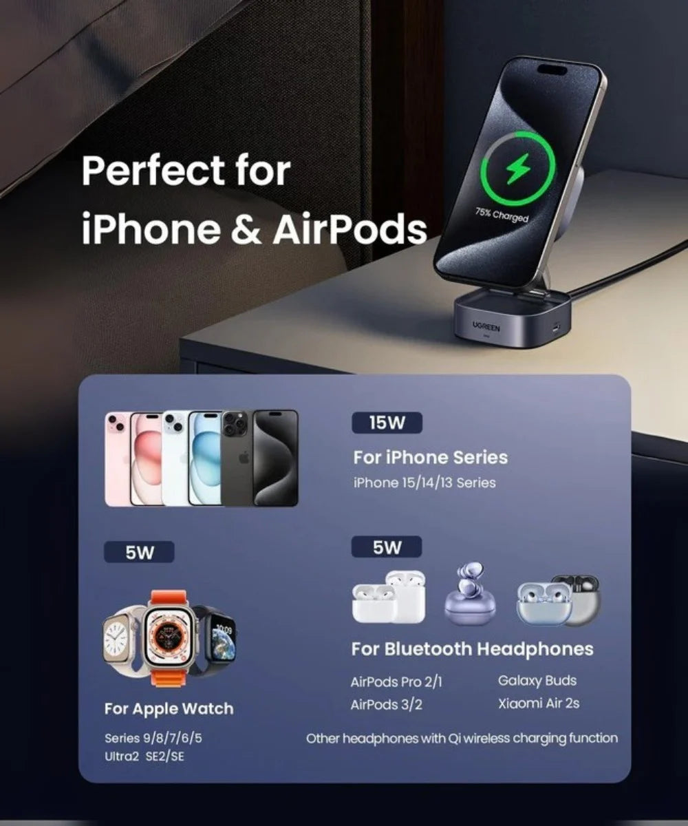 Estación de carga rápida Qi2 plegable magnética 2 en 1 de UGREEN