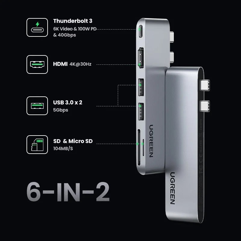 UGREEN USB-C HUB 6 en 2 tipo C a 4K HDMI Thunderbolt 3 USB3.0 para MacBook Pro Air
