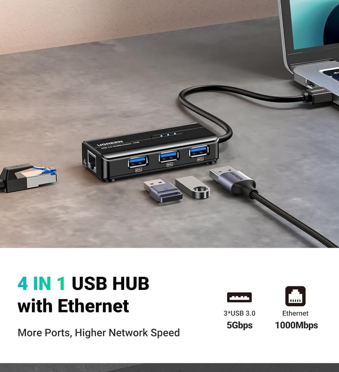 Hub UGREEN USB 3.0 a Ethernet Gigabit 1000Mbps con 3 Puertos USB 3.0