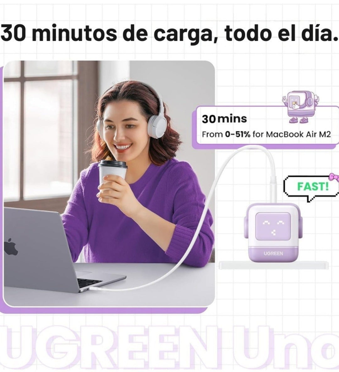 Cargador UGREEN Uno Robot 65W GaN (Purple)