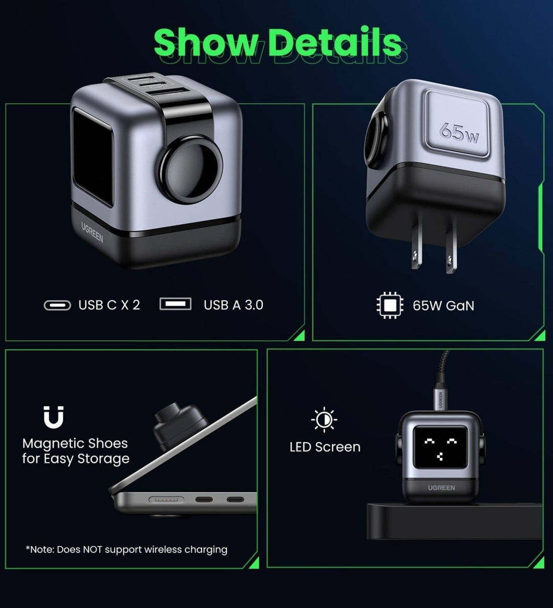 Cargador UGREEN Uno Robot 65W GaN (Negro)