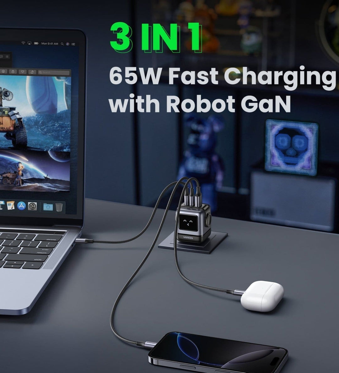 Cargador UGREEN Uno Robot 65W GaN (Negro)