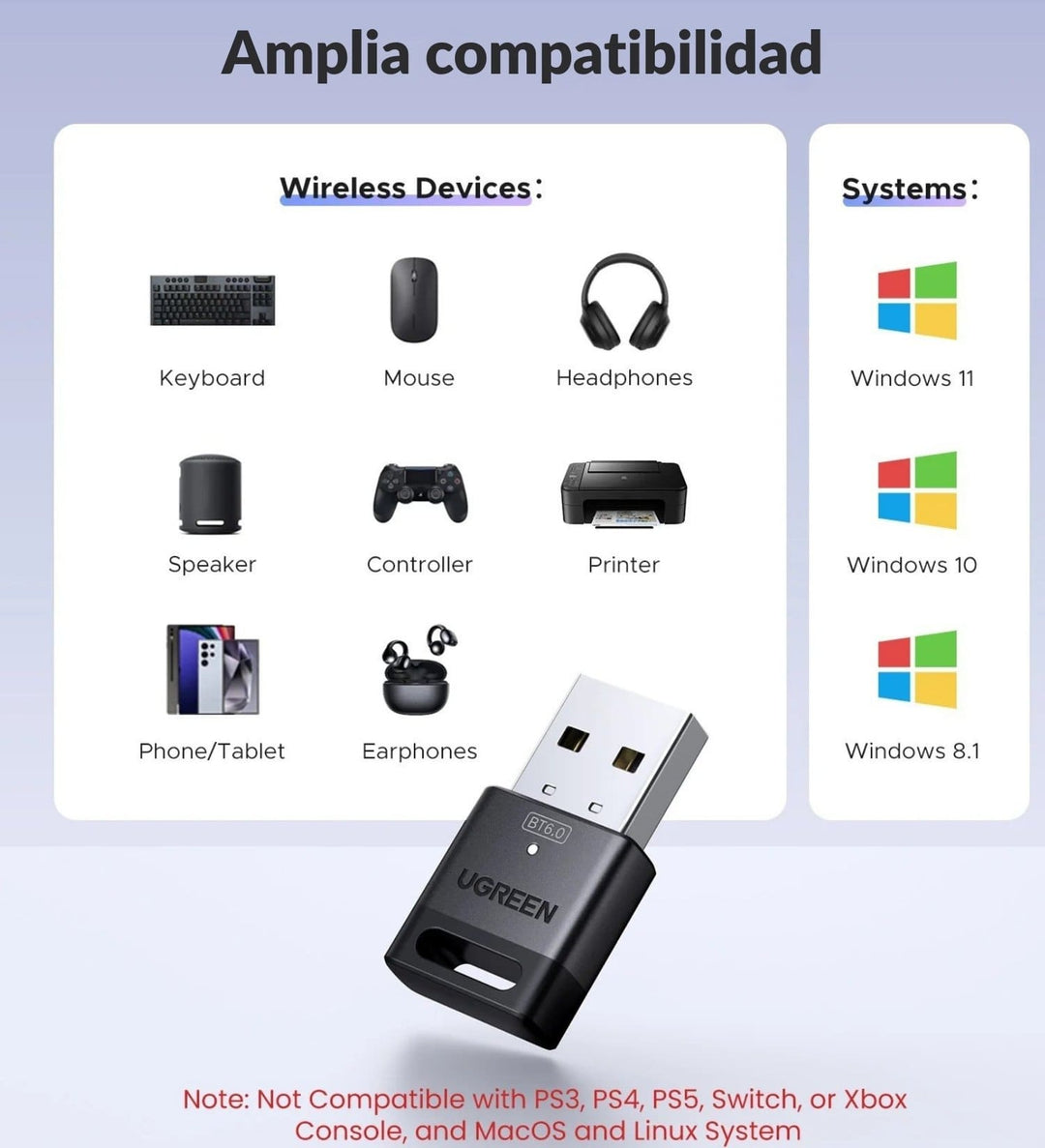 Adaptador USB Ugreen Bluetooth 6.0 para Pc/Laptop